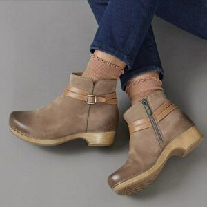 Taupe Dansko Brook Clog Boots Burnished Strap Buckle Side Zip Ankle Cottage Boho